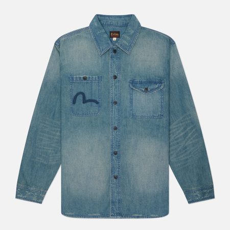 Мужская рубашка Evisu Vintage Peached Work Zip, цвет синий
