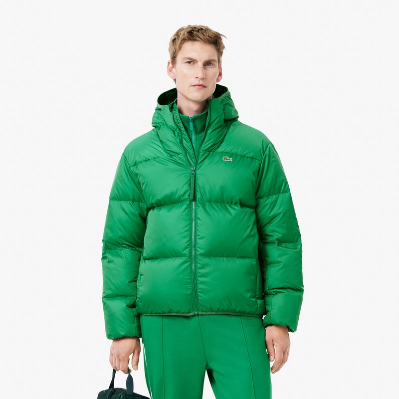 Мужской короткий влагоотталкивающий и ветроустойчивый пуховик Lacoste с капюшоном