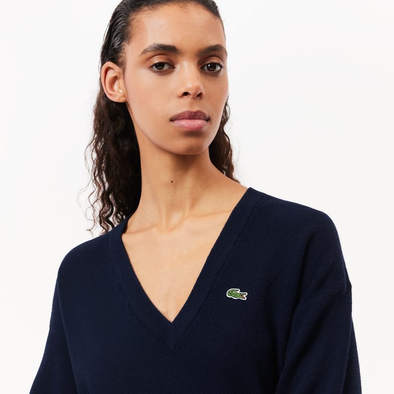 Женский шерстяной свитер Lacoste свободного кроя с v-образным вырезом 3