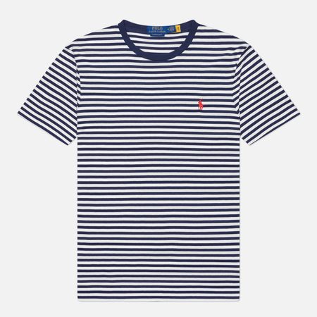 Мужская футболка Polo Ralph Lauren Embroidered Logo Stripe Custom Slim, цвет синий