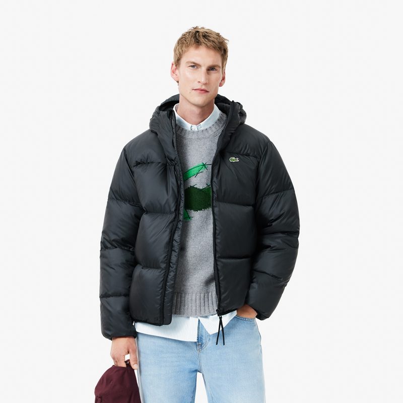 Мужской короткий влагоотталкивающий и ветроустойчивый пуховик Lacoste с капюшоном