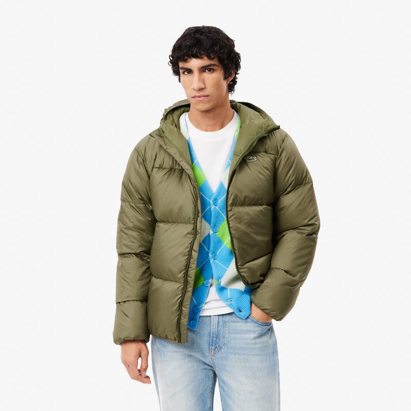 Мужской короткий влагоотталкивающий и ветроустойчивый пуховик Lacoste с капюшоном