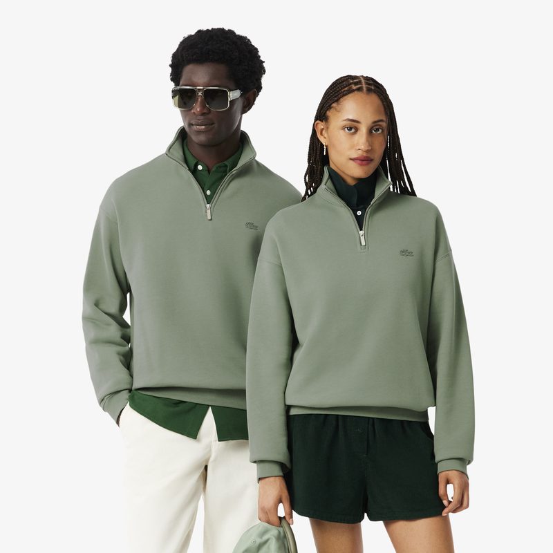 Хлопковый свитшот Lacoste унисекс свободного кроя из плотного флиса с застежкой-молнией на воротнике