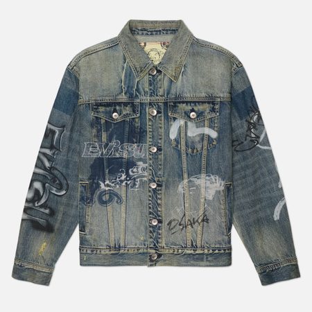 Мужская джинсовая куртка Evisu Heritage All Over Graffiti Printed Denim, цвет голубой