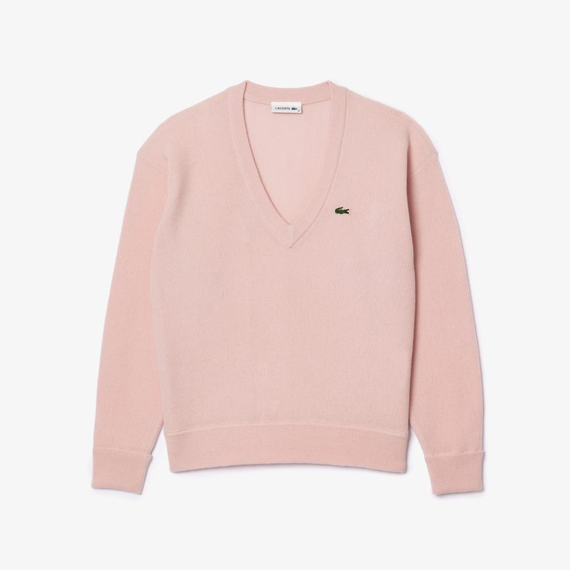 Женский шерстяной свитер Lacoste свободного кроя с v-образным вырезом 5