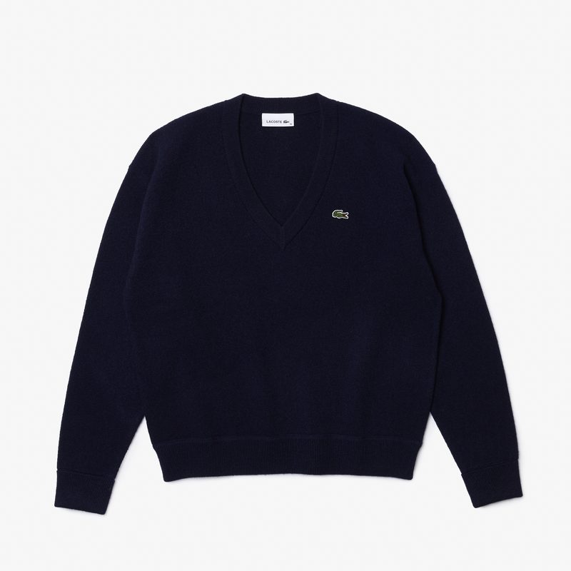 Женский шерстяной свитер Lacoste свободного кроя с v-образным вырезом 5