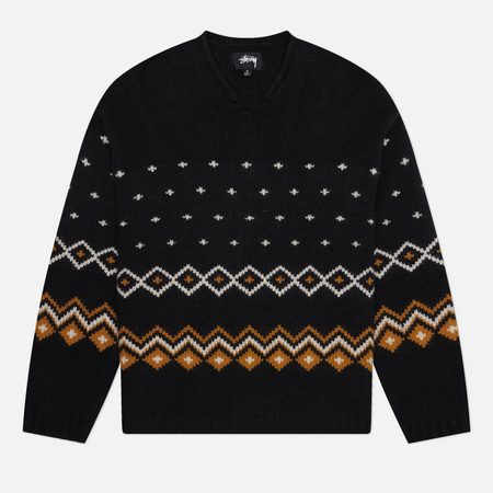 Мужской свитер Stussy Roll V Neck Fairisle, цвет чёрный